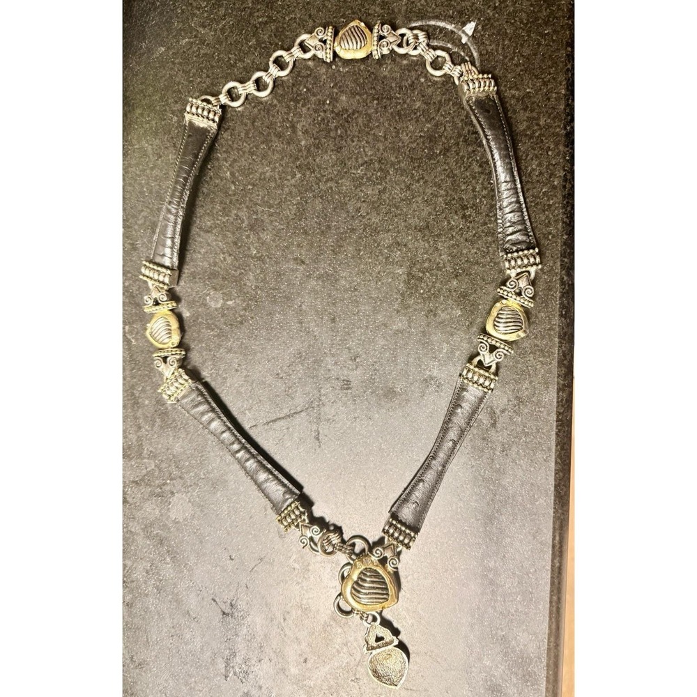 tg 90s Brighton Black Leather Mixed Metal Heart Concho Link Belt Size L 36"